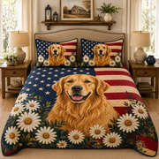 Patriotic Golden Retriever Floral Quilt Set