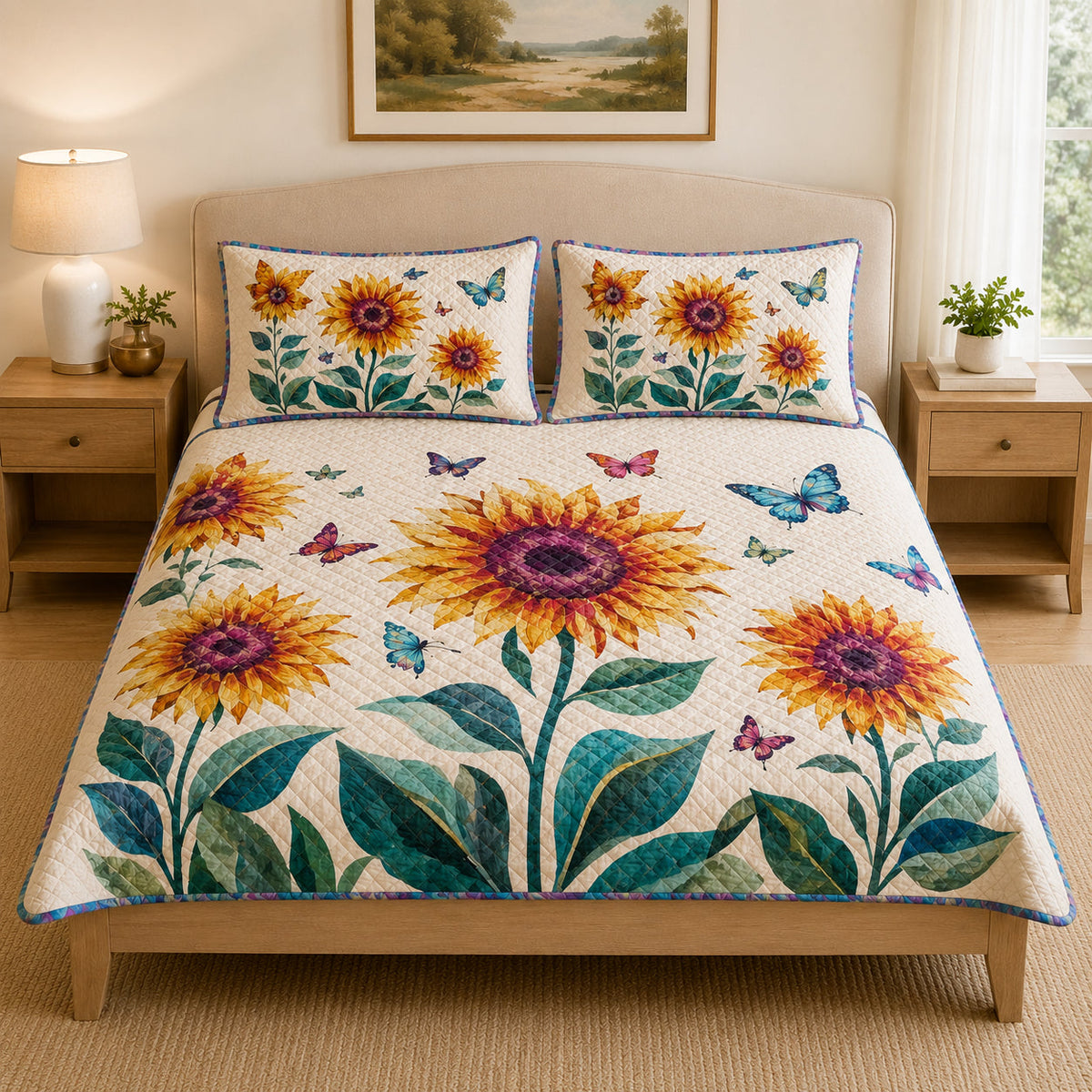 Sunflower Butterfly Floral Quilt Set: angled bedroom view showing Sunflower Butterfly Floral