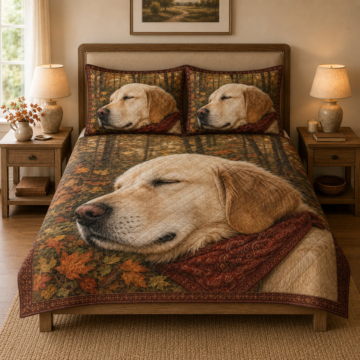 Yellow Labrador Fall Quilt Set: angled bedroom view showing Yellow Labrador Fall