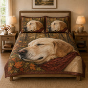 Yellow Labrador Fall Quilt Set: angled bedroom view showing Yellow Labrador Fall
