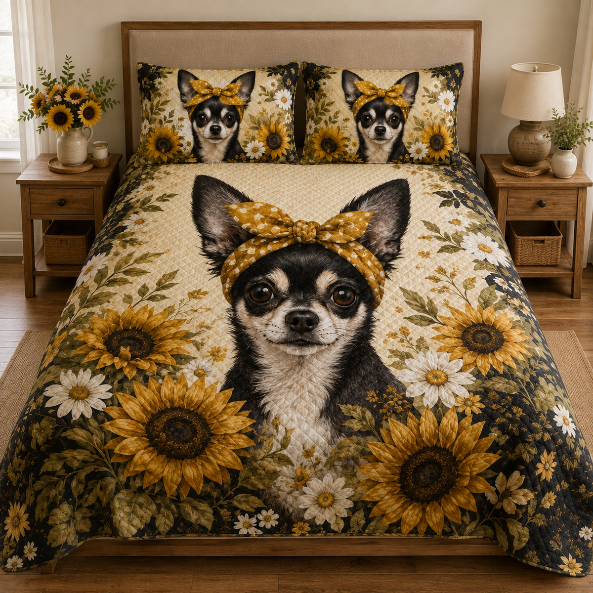 Sunflower Chihuahua Floral Dog Quilt Set