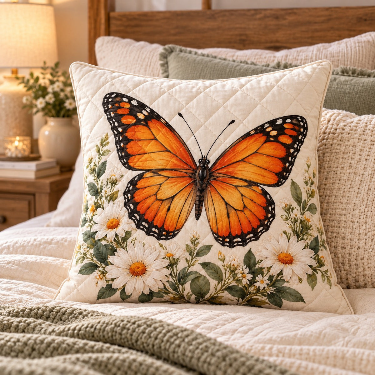 Monarch Butterfly and Daisy Quilted Throw Pillow, Gift for Butterfly and Daisy Lovers