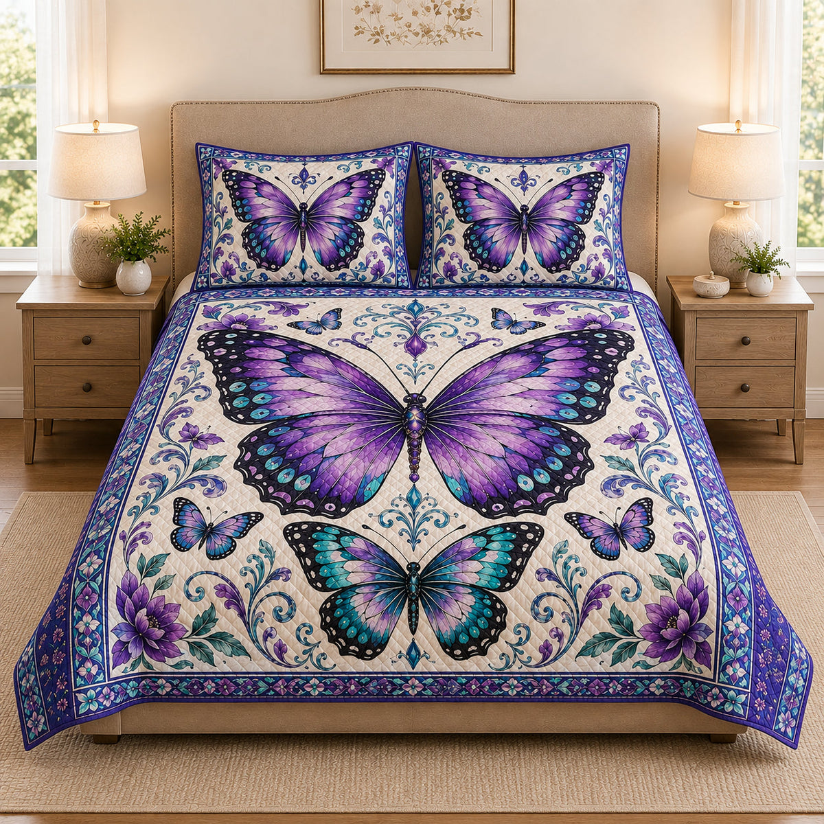 Purple & Teal Butterfly Floral Quilt Set: wider bedroom view with matching shams showing Purple & Teal Butterfly Floral