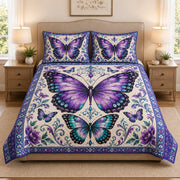 Purple & Teal Butterfly Floral Quilt Set: wider bedroom view with matching shams showing Purple & Teal Butterfly Floral