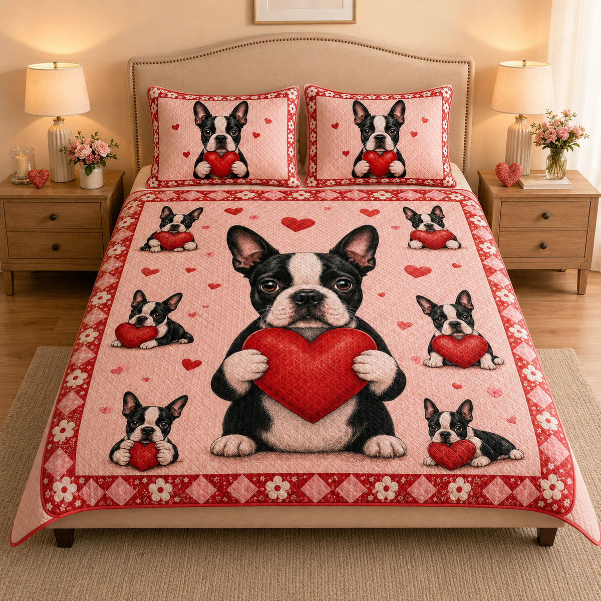 Boston Terrier Heart Quilt Set: angled bedroom view showing Boston Terrier Heart