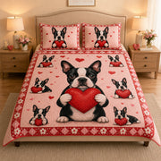 Boston Terrier Heart Quilt Set: angled bedroom view showing Boston Terrier Heart