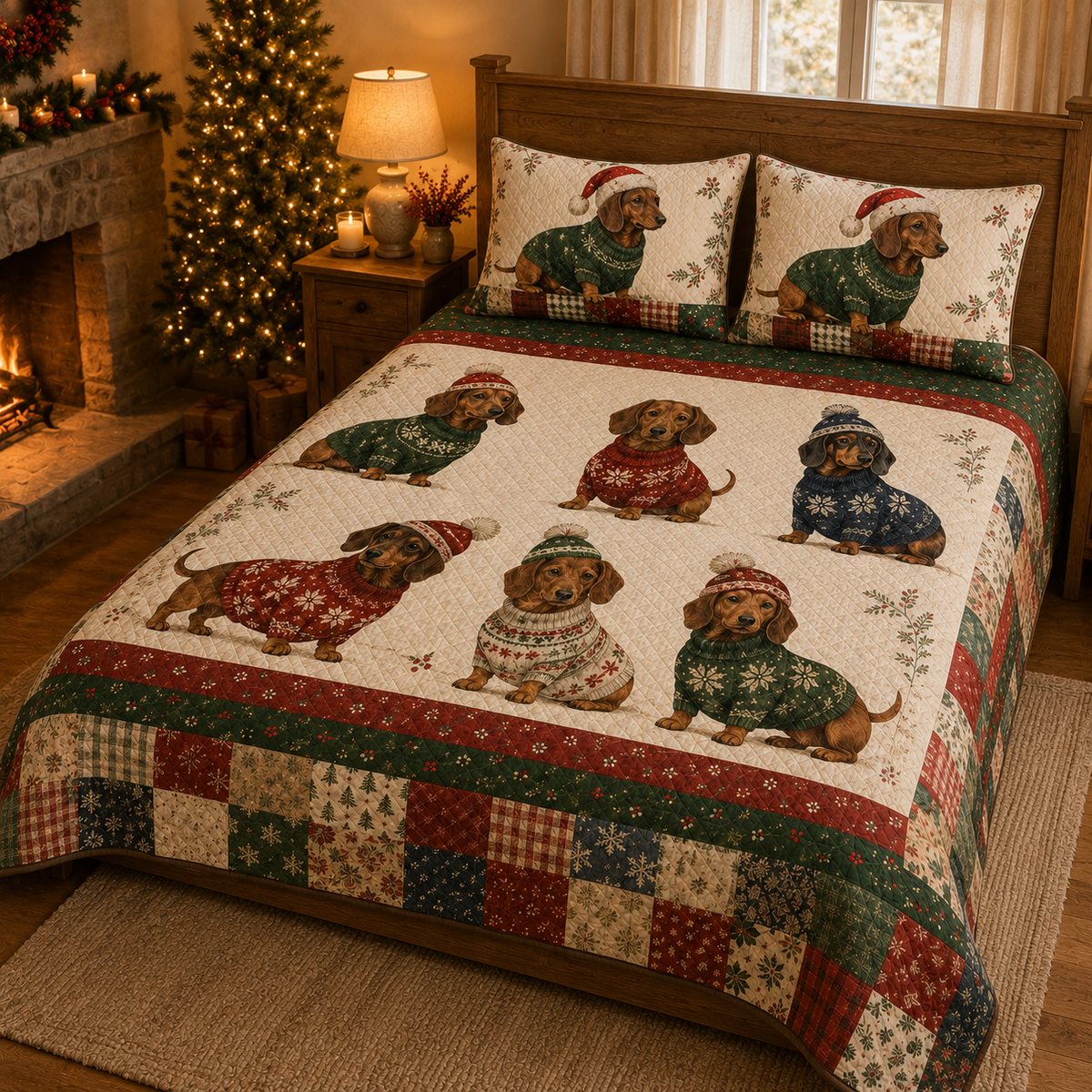 Dachshund Christmas Quilt Set, Festive Sausage Dog