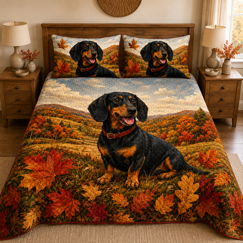 Autumn Dachshund Mountain Landscape Quilt Set