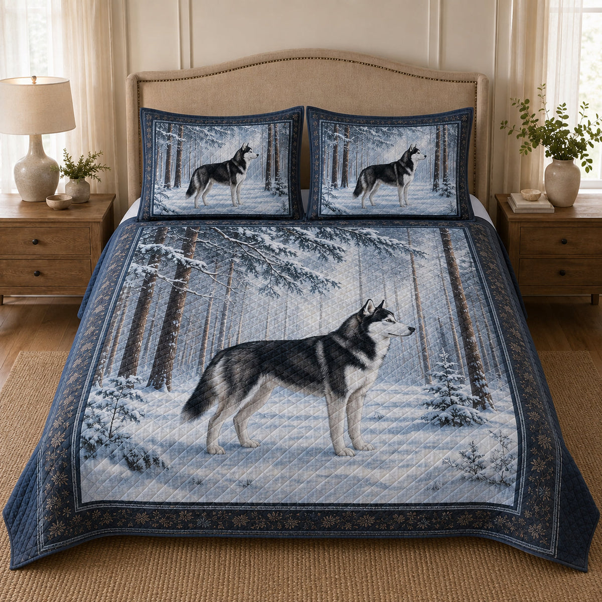 Siberian Husky Snowy Forest Winter Quilt Set: angled bedroom view showing Siberian Husky Snowy Forest Winter
