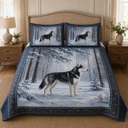 Siberian Husky Snowy Forest Winter Quilt Set: angled bedroom view showing Siberian Husky Snowy Forest Winter