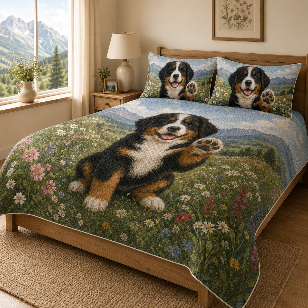 Bernese Mountain Dog Puppy Floral Quilt Set – additional view 1