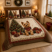 Yorkie Christmas Quilt Set: angled bedroom view showing Yorkie Christmas