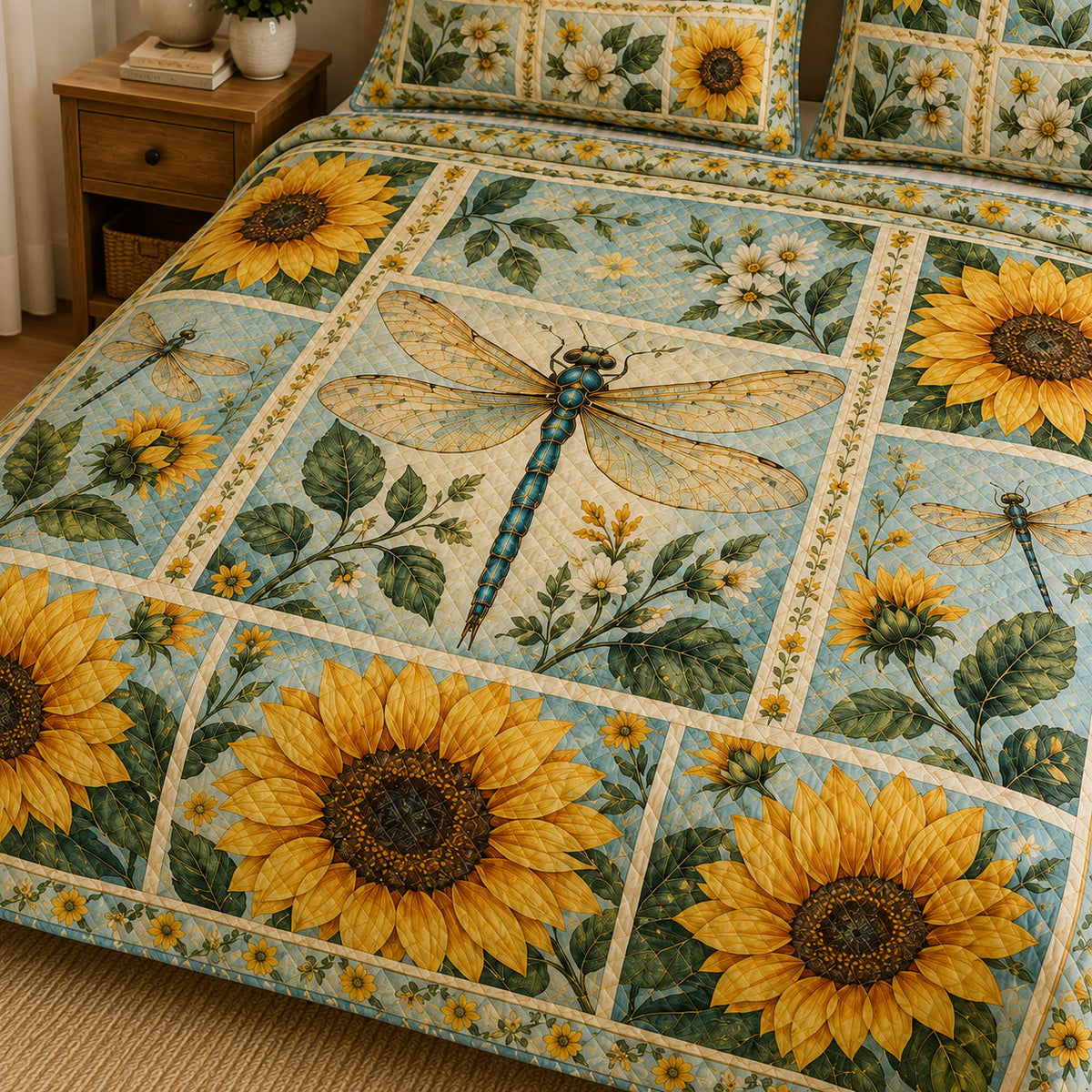 Dragonfly Sunflower Floral Quilt Set: angled bedroom view showing Dragonfly Sunflower Floral