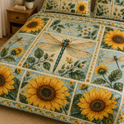 Dragonfly Sunflower Floral Quilt Set: angled bedroom view showing Dragonfly Sunflower Floral