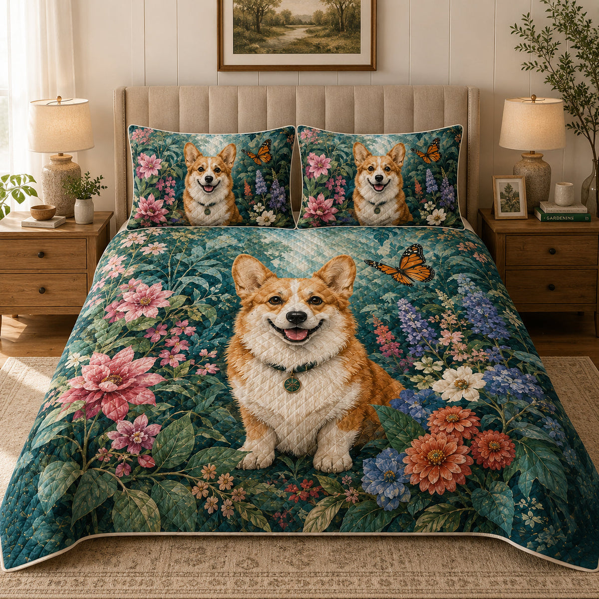 Corgi Butterfly Floral Garden Quilt Set – additional view 1