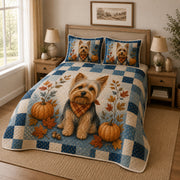 Yorkie Fall Quilt Set: angled bedroom view showing Yorkie Fall