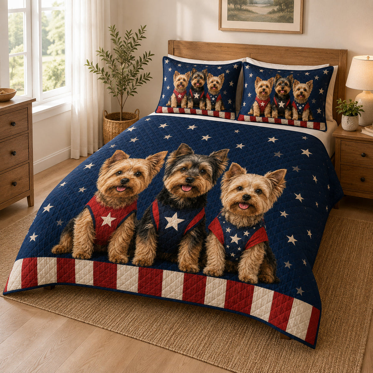 Patriotic Yorkie Quilt Set: angled bedroom view showing Patriotic Yorkie