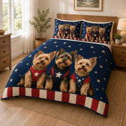 Patriotic Yorkie Quilt Set: angled bedroom view showing Patriotic Yorkie