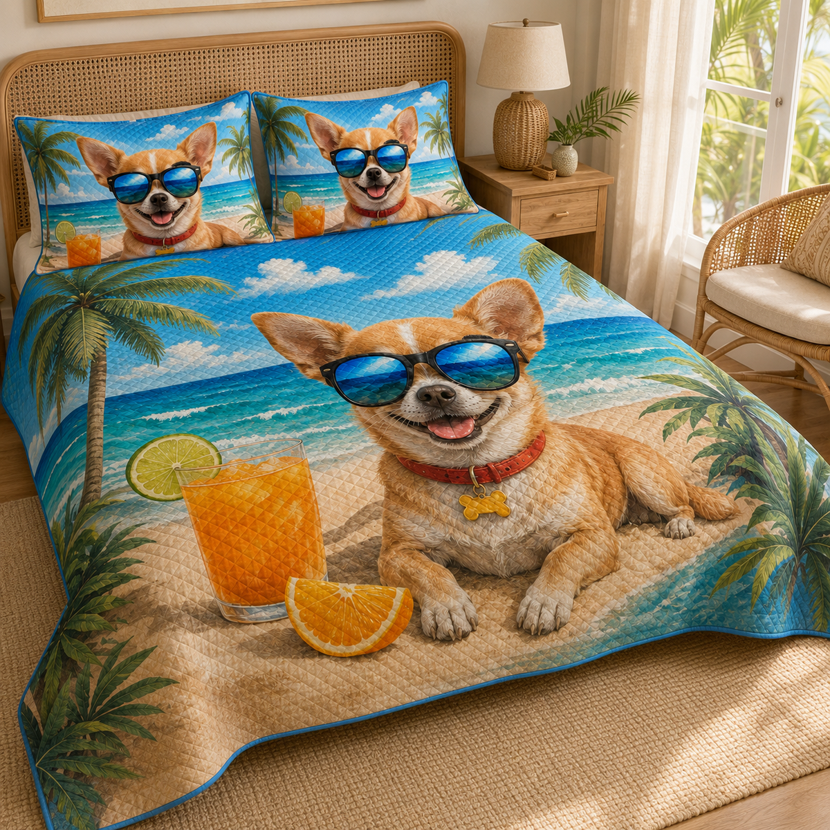 Summer Chihuahua Tropical Beach Quilt Set