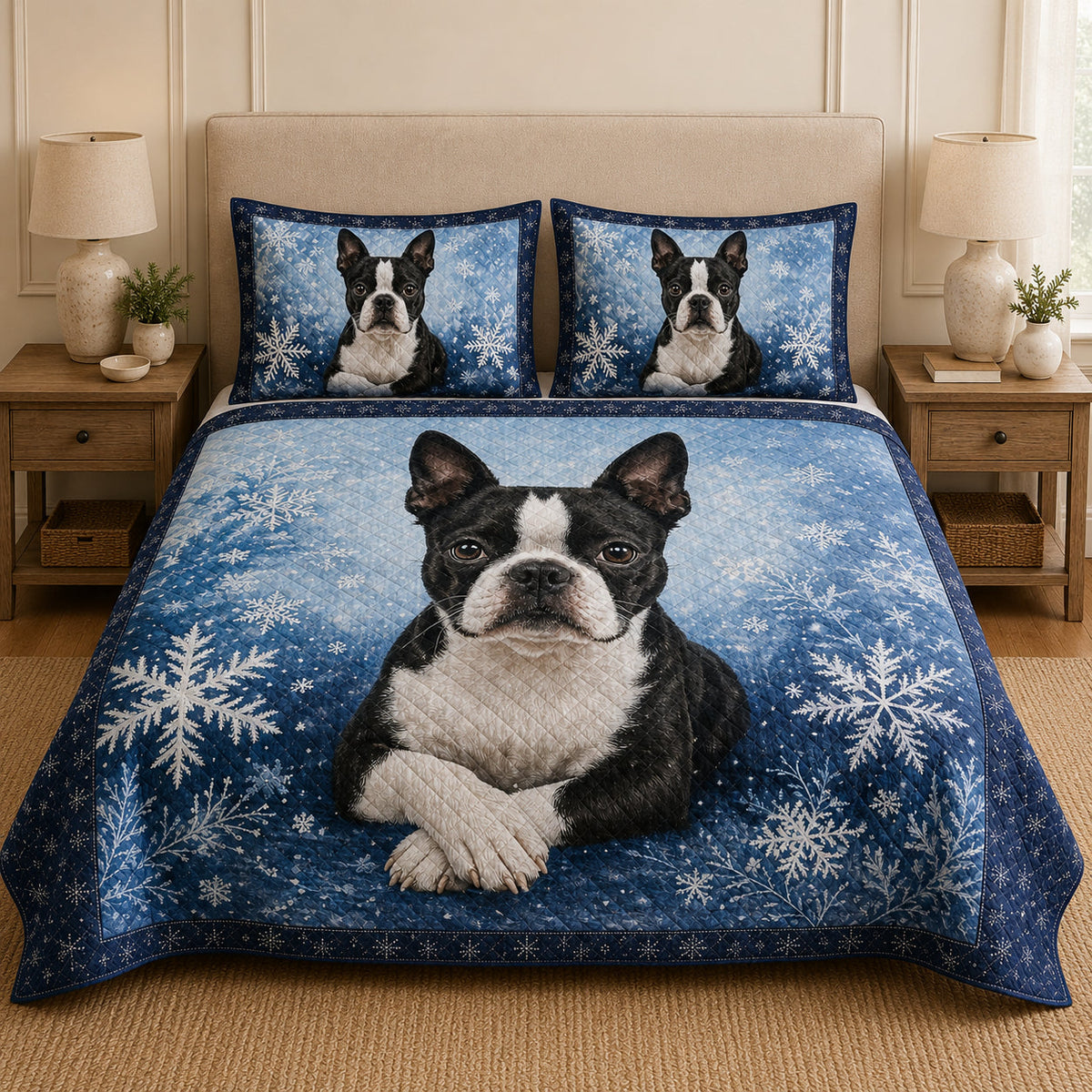 Boston Terrier Winter Snowflake Quilt Set: angled bedroom view showing Boston Terrier Winter Snowflake