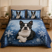 Boston Terrier Winter Snowflake Quilt Set: angled bedroom view showing Boston Terrier Winter Snowflake