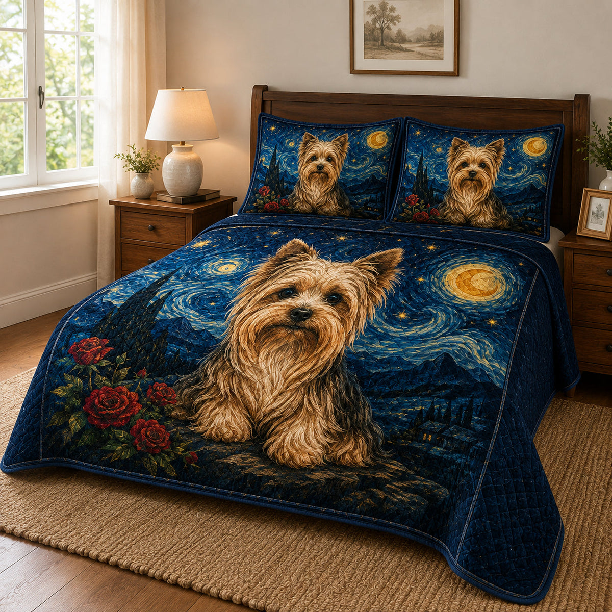 Yorkie Starry Night Quilt Set: angled bedroom view showing Yorkie Starry Night
