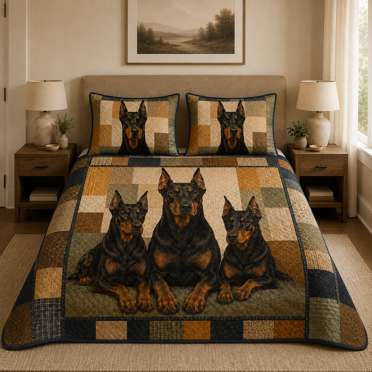 Doberman Dog Quilt Bedding Set, Black & Tan Bedspread, 3 Piece Quilt Set with 2 Pillow Shams
