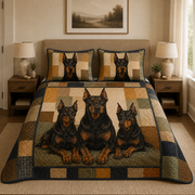 Doberman Dog Quilt Bedding Set, Black & Tan Bedspread, 3 Piece Quilt Set with 2 Pillow Shams