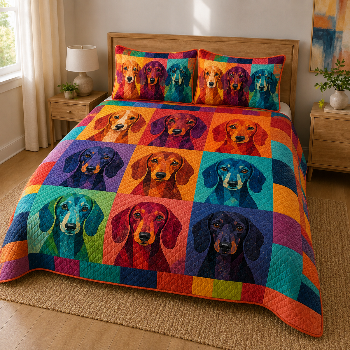 Colorful Dachshund Quilt Set, Modern Dog Art