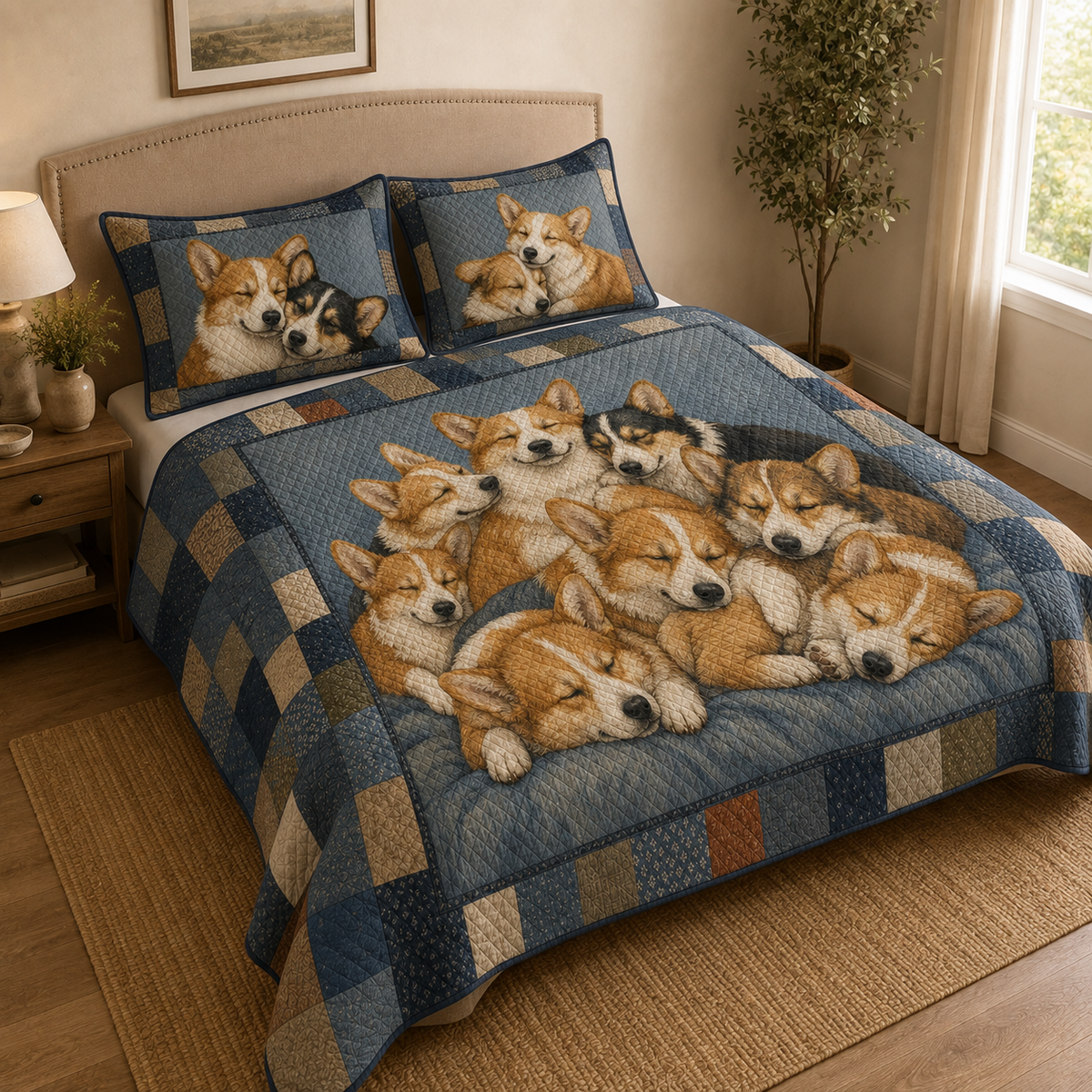 Corgi Quilt Bedding Set, Pembroke Welsh Corgi Dog Bedspread, Cozy Sleeping Puppy Bedroom Decor