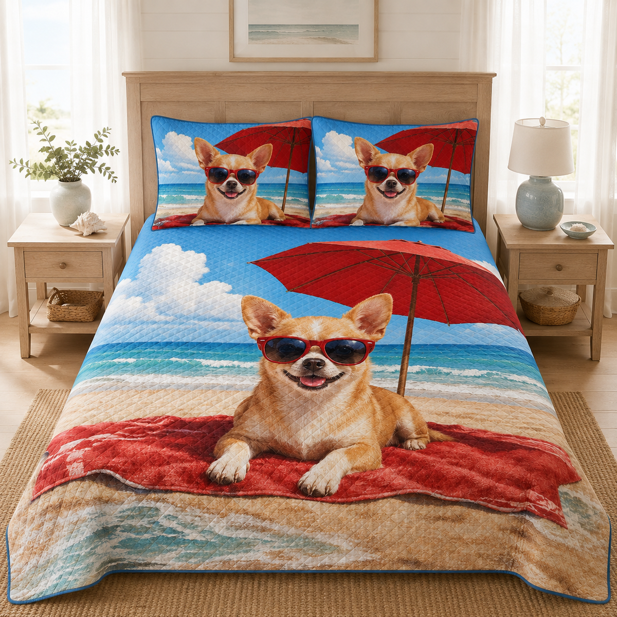 Summer Chihuahua Beach Vacation Quilt Set