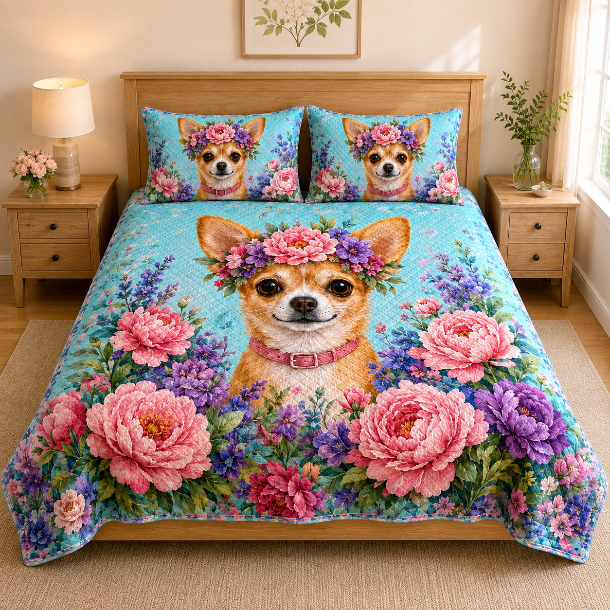 Floral Chihuahua Peony Garden Quilt Set