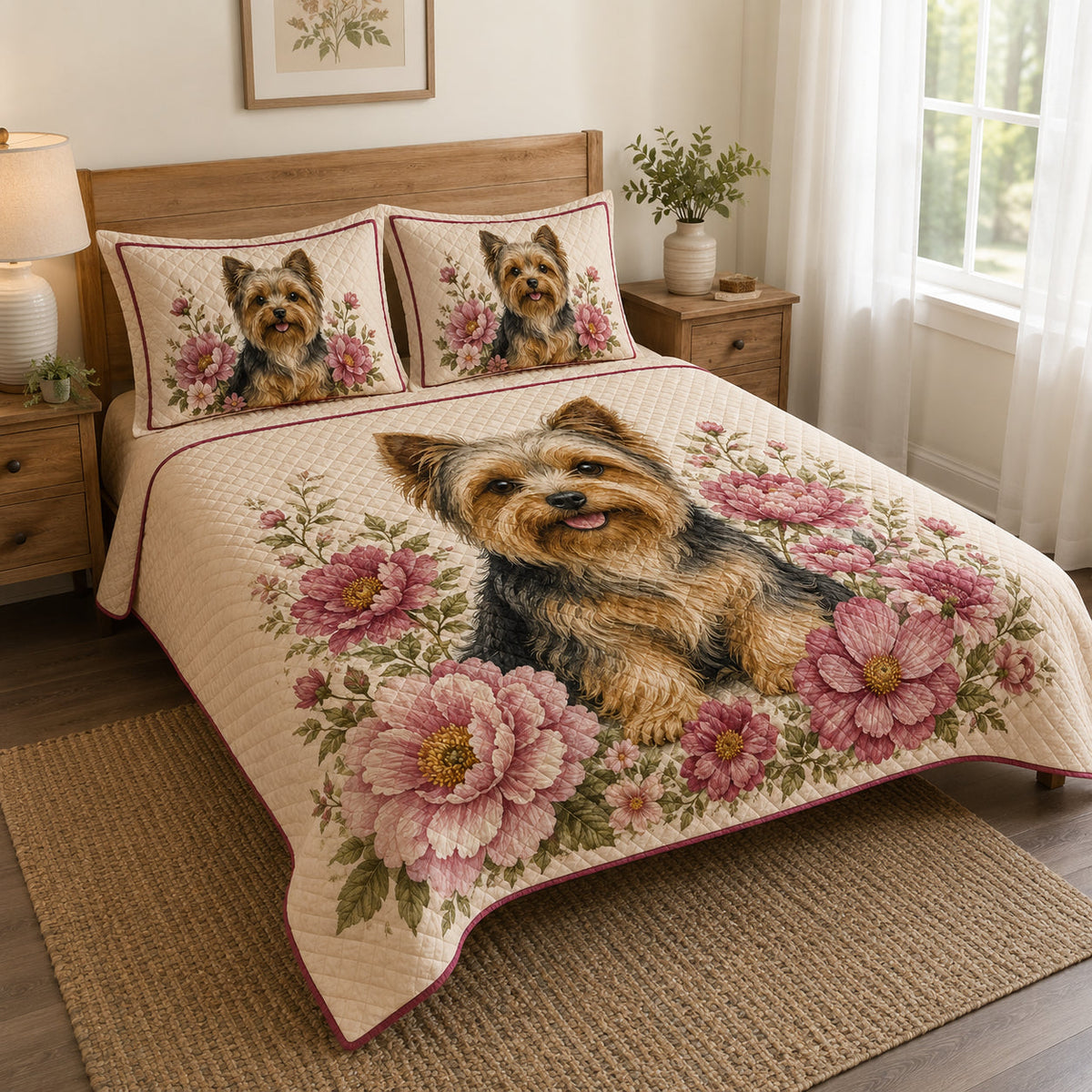 Yorkie Floral Quilt Set: angled bedroom view showing Yorkie Floral