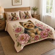 Yorkie Floral Quilt Set: angled bedroom view showing Yorkie Floral