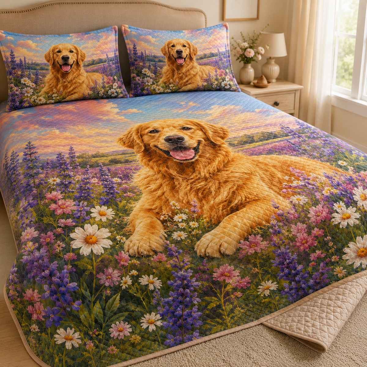 Golden Retriever Floral Quilt Set