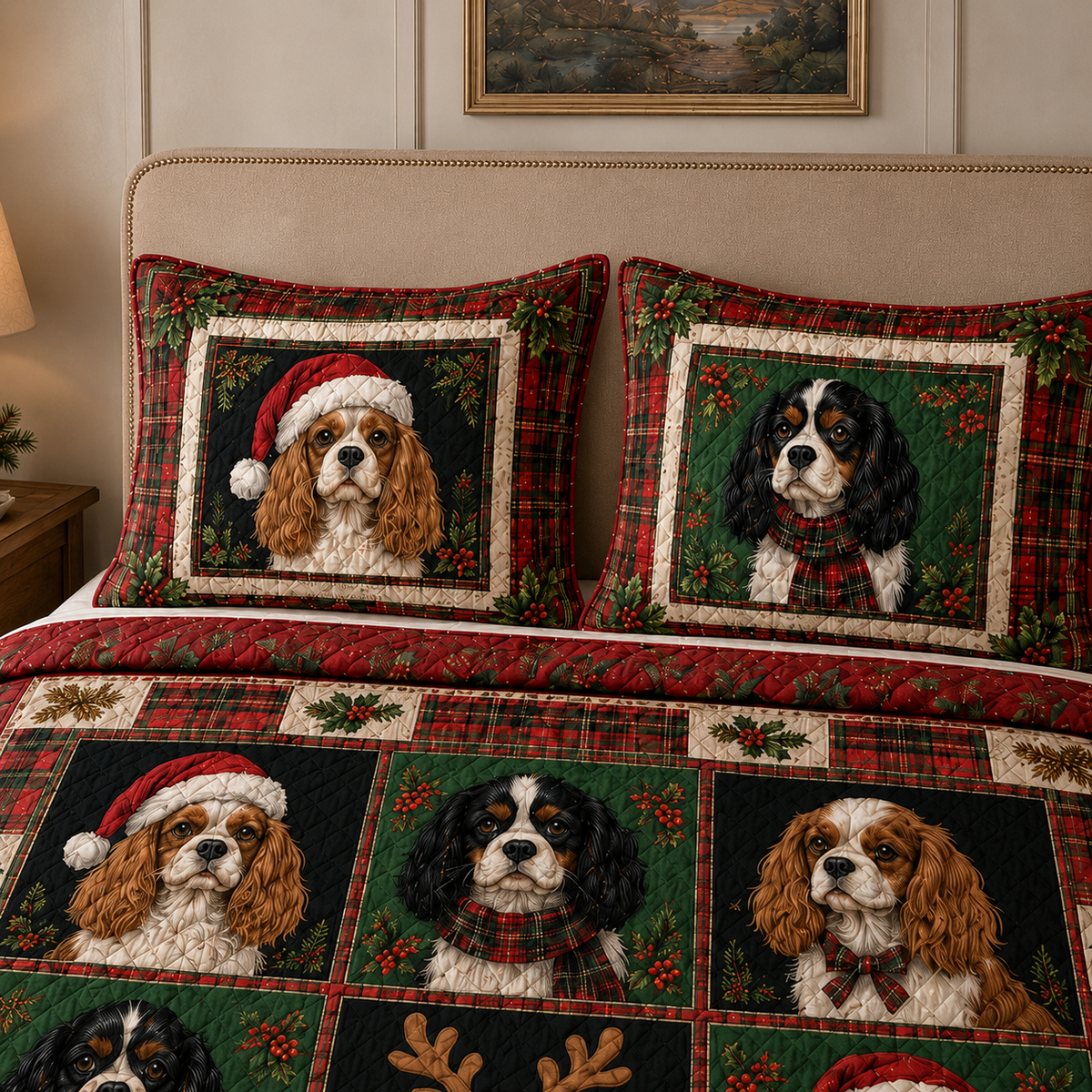 Cavalier King Charles Spaniel Christmas Quilt Bedding Set, Christmas Dog Bedspread, Plaid Holiday Bedroom Decor