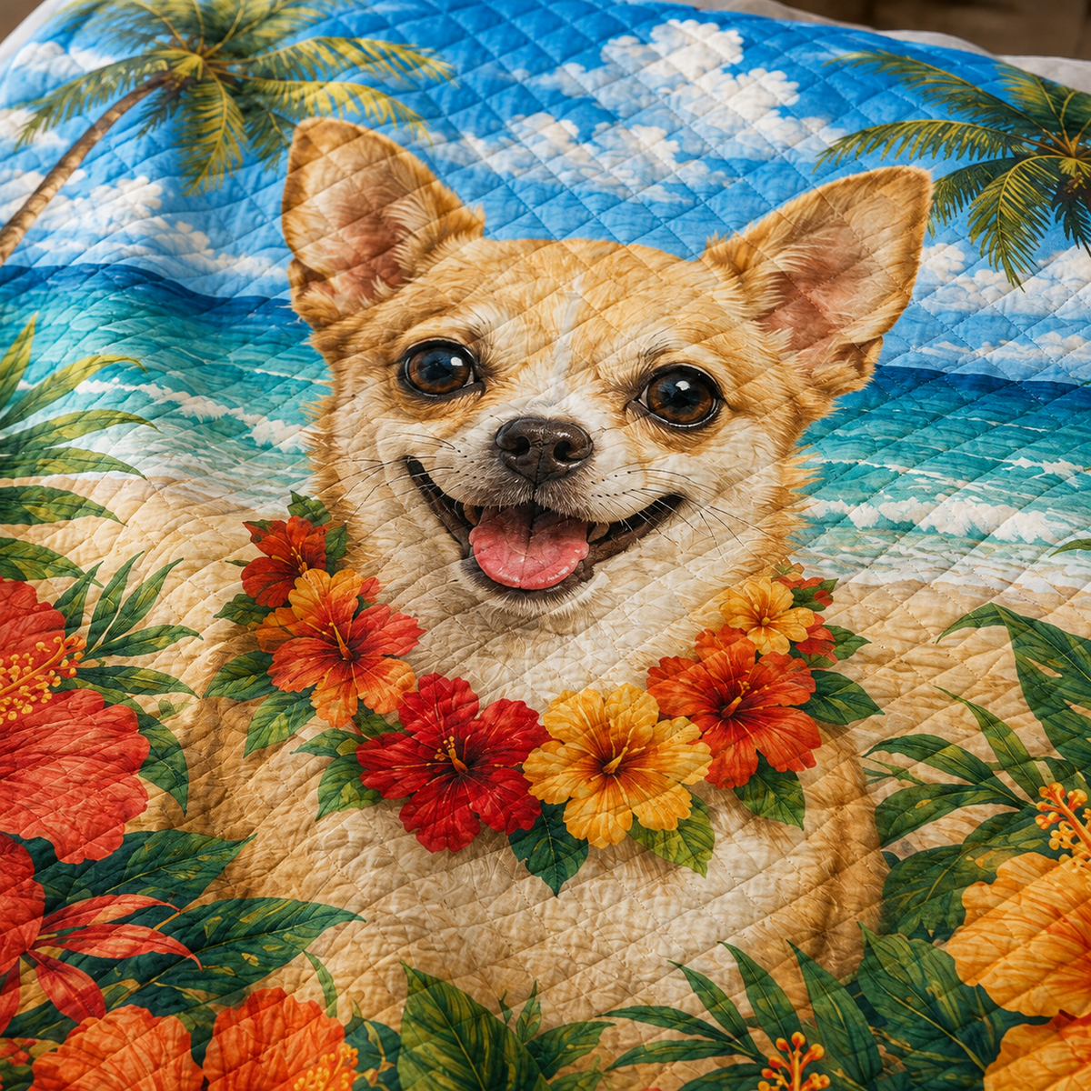 Tropical Chihuahua Hibiscus Beach Quilt Set