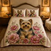 Yorkie Floral Quilt Set: close view of the quilt artwork showing Yorkie Floral