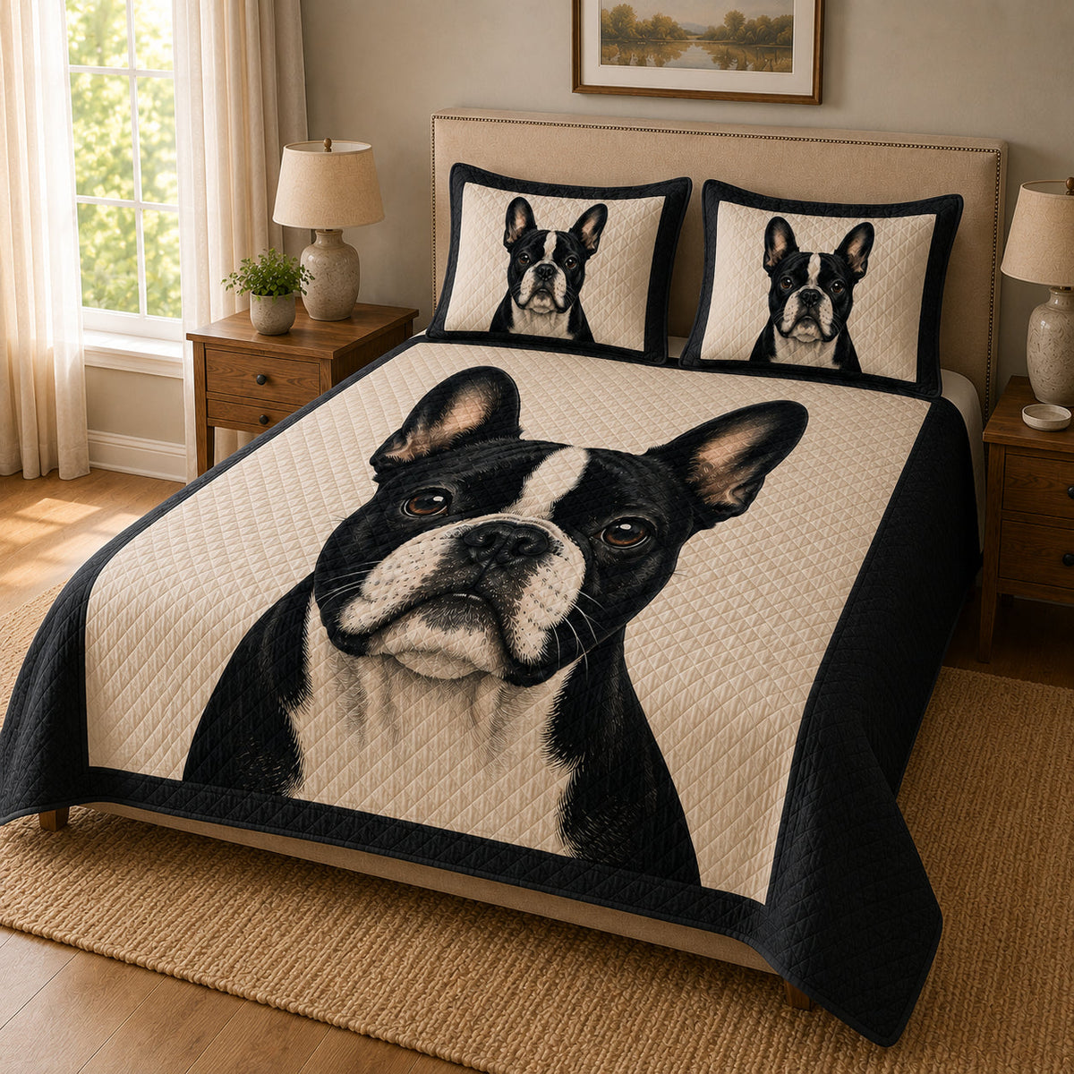 Boston Terrier Black & White Quilt Set: angled bedroom view showing Boston Terrier Black & White