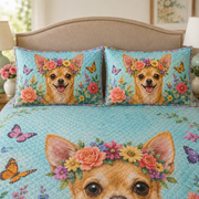 Floral Chihuahua Butterfly Garden Quilt Set