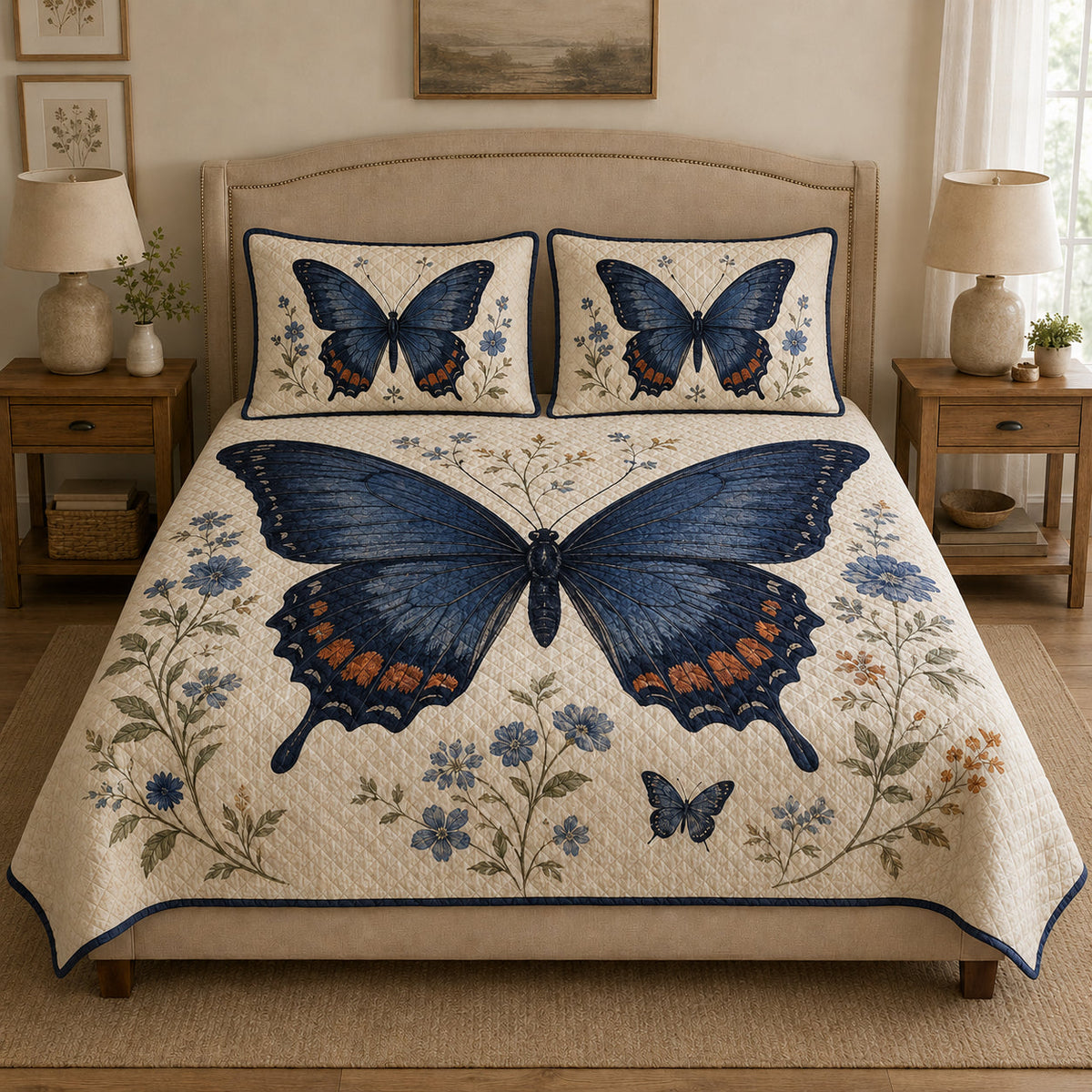 Blue Butterfly Floral Quilt Set: angled bedroom view showing Blue Butterfly Floral
