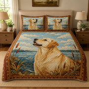 Yellow Labrador Rustic Lake Quilt Set: angled bedroom view showing Yellow Labrador Rustic Lake