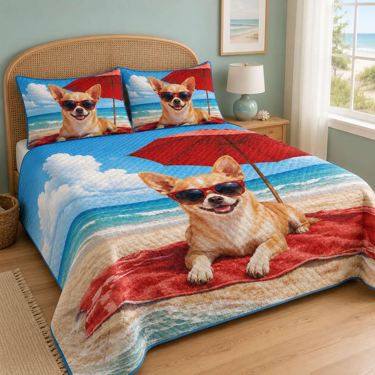Summer Chihuahua Beach Vacation Quilt Set