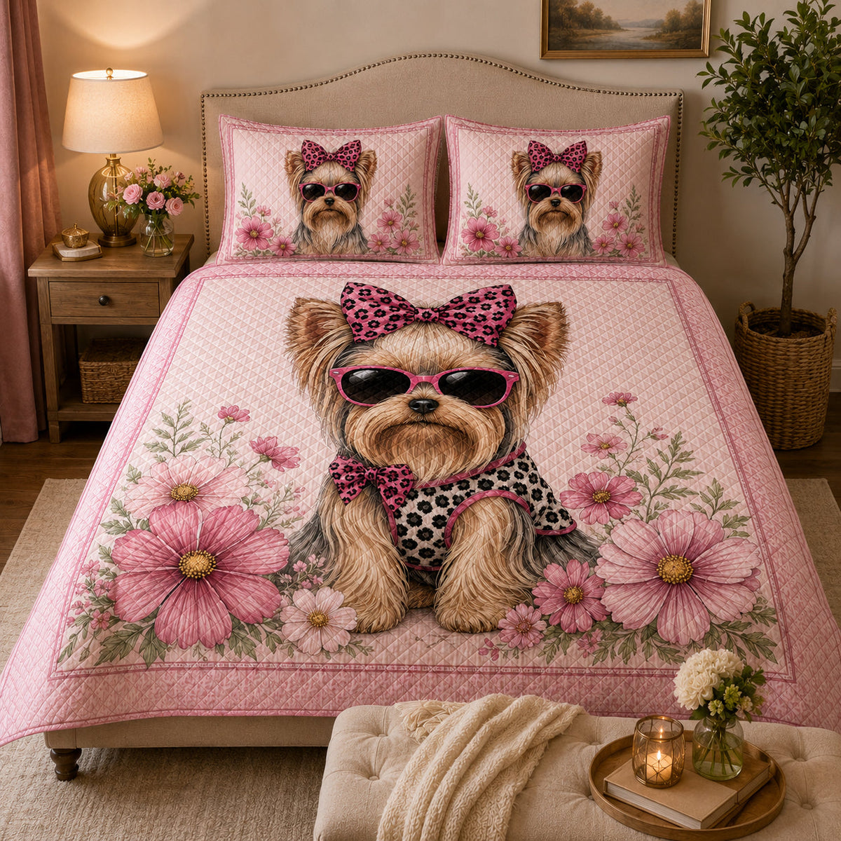 Yorkie Pink Floral Quilt Set: close view of the quilt artwork showing Yorkie Pink Floral