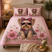 Yorkie Pink Floral Quilt Set: close view of the quilt artwork showing Yorkie Pink Floral
