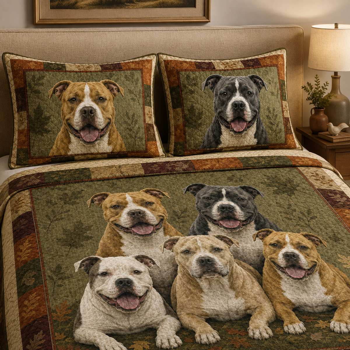 Pit Bull Quilt Bedding Set, American Pitbull Dog Bedspread with 2 Pillow Shams, Rustic Autumn Leaves Bedroom Decor