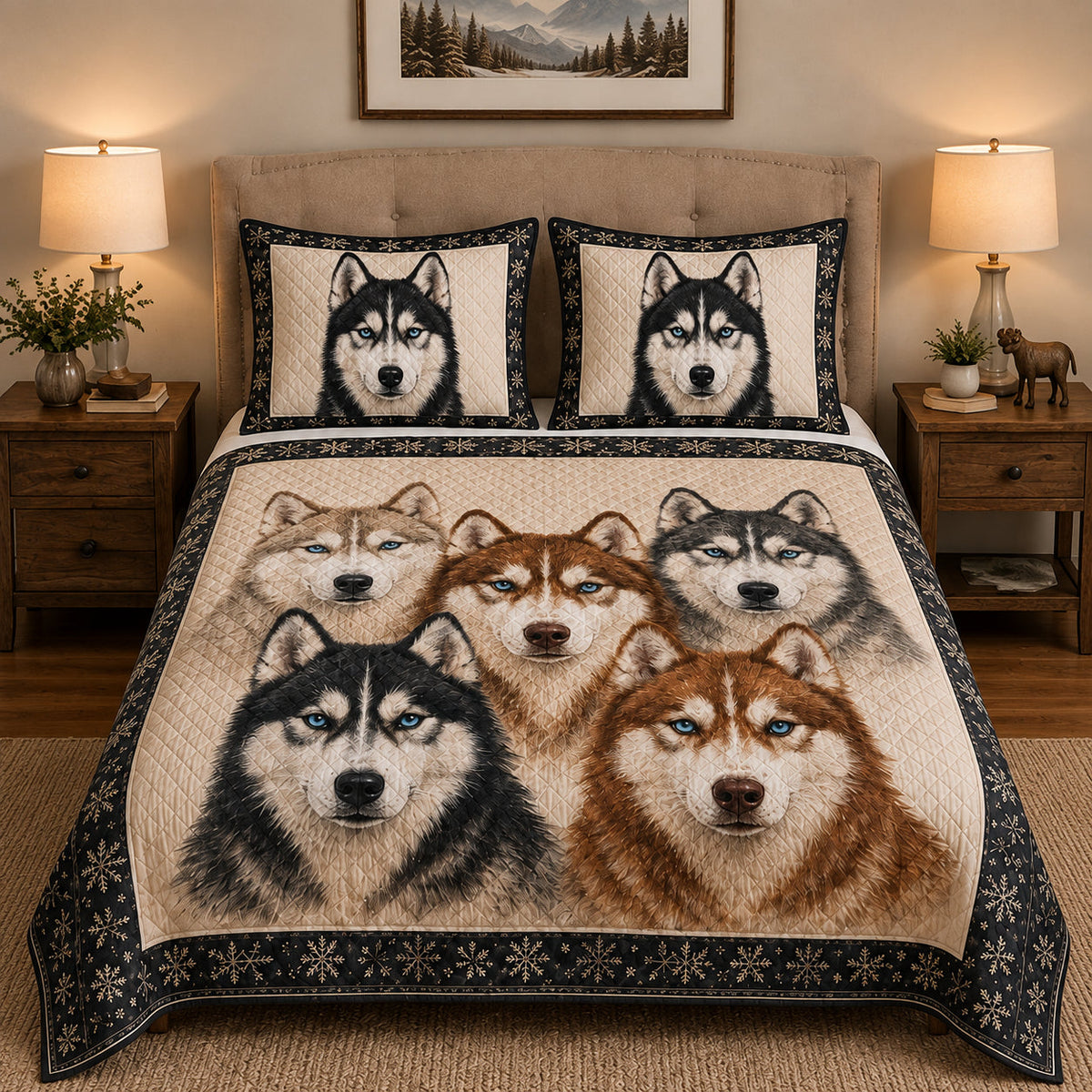 Siberian Husky Winter Quilt Set: angled bedroom view showing Siberian Husky Winter