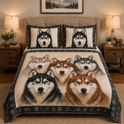 Siberian Husky Winter Quilt Set: angled bedroom view showing Siberian Husky Winter