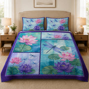 Purple Dragonfly Lotus Floral Quilt Set: angled bedroom view showing Purple Dragonfly Lotus Floral
