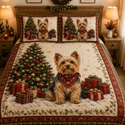 Yorkie Christmas Quilt Set: close view of the quilt artwork showing Yorkie Christmas
